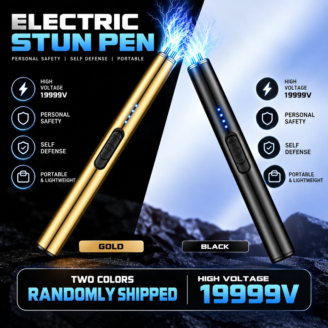 Electric Stun Pen 19999V | Gold or Black | Portable Personal Safety Device